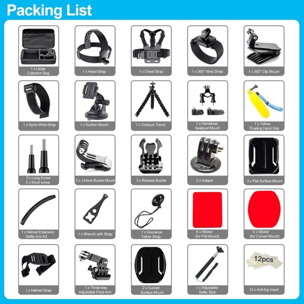 61 in 1 Action Camera Accessories Kit for GoPro Hero 13 12 11 10 9 8 7 6, Gopro Max, GoPro Fusion, Xiaomi, Insta360, DJI Osmo Action, AKASO APEMAN, Campark, SJCAM - Image 3