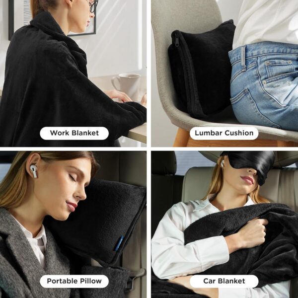 Bedsure Travel Blanket Airplane Compact with Storage Bag, Packable Blanket with Eye Mask, Lightweight 2-in-1 Travel Essentials, Functioned as Pillow for Airplane Comfort and Warmth, Black - Image 6