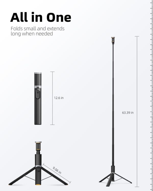 TODI 63" Cell Phone Selfie Stick Tripod, Portable Tripod for iPhone with Wireless Remote, Extendable Smartphone Stand, All-in-1, Compatible with iPhone/Android - Image 8