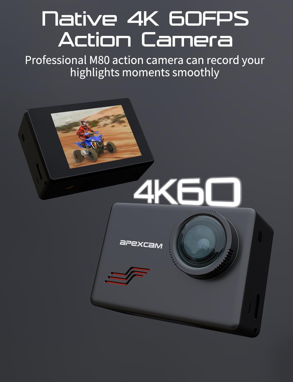 Apexcam Action Camera 4K with 64GB Card, HD 60FPS 48MP Sports Camera for Vlogging, 40M Waterproof Camera Underwater, 170 ° Wide Angle WiFi Camcorder, 8X Zoom, Remote Control, Helmet Mount Accessories - Image 3
