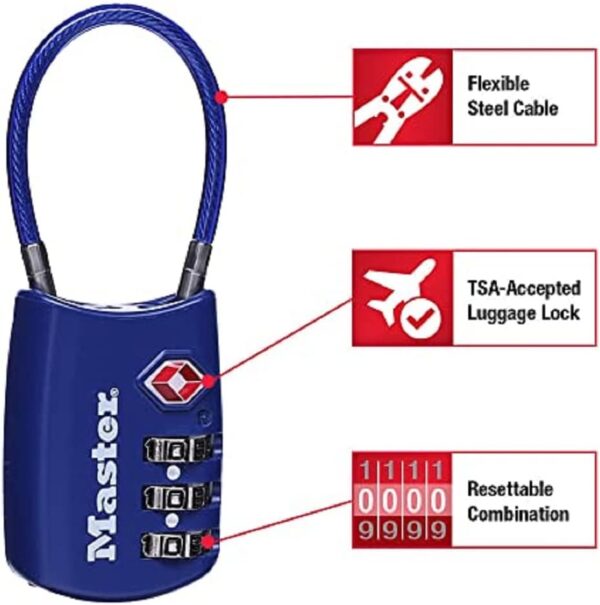 Master Lock Padlock, Set Your Own Combination TSA Locks for Luggage, Travel Zipper Lock with Cable Shackle is 1-3/16 in. Wide, Colors May Vary, 4688T, 2 Count (Pack of 1) - Image 3