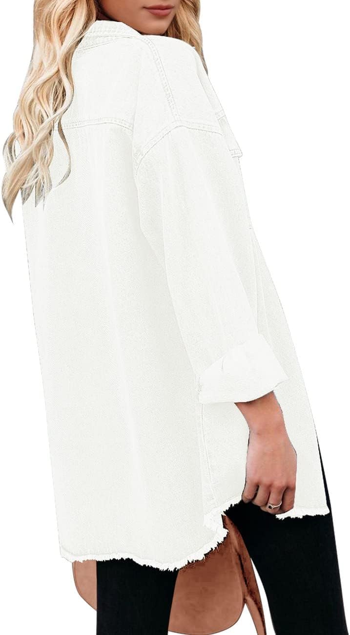 Vetinee Women’s Oversized Button Up Frayed Hem Shacket Long Sleeve Pockets Denim Jean Jacket - Image 3