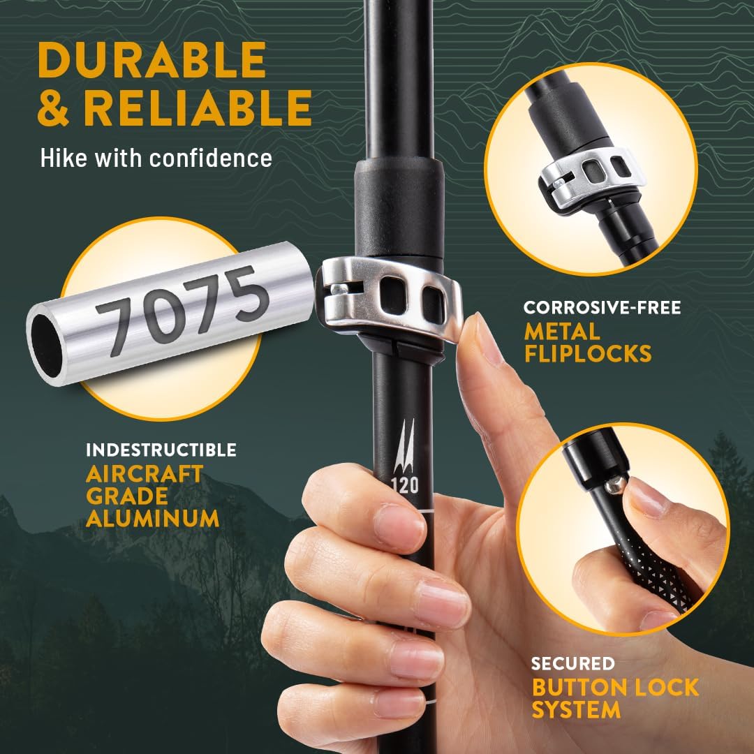 Premium Foldable Hiking Poles by USA Brand - Adjustable, Lightweight Trekking Poles Made of Aircraft Aluminum, Metal Flip Locks & Comfortable Real Cork and EVA Foam Grips - Image 4