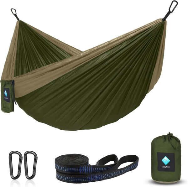 Hammock Camping, Portable Single/Double Hammocks for Outdoor Hiking Travel Backpacking - 210D Nylon Hammock Swing for Backyard & Garden (Green/Khaki) - Image 2