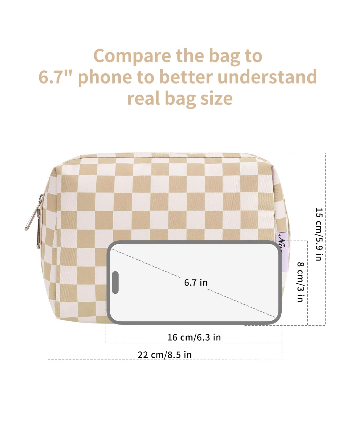 Narwey Checkered Makeup Bag Travel Cosmetic Bag Organizer Toiletry Bag Make Up Bags with Compartments for Women Girls (Large, Light Checkerboard) - Image 6