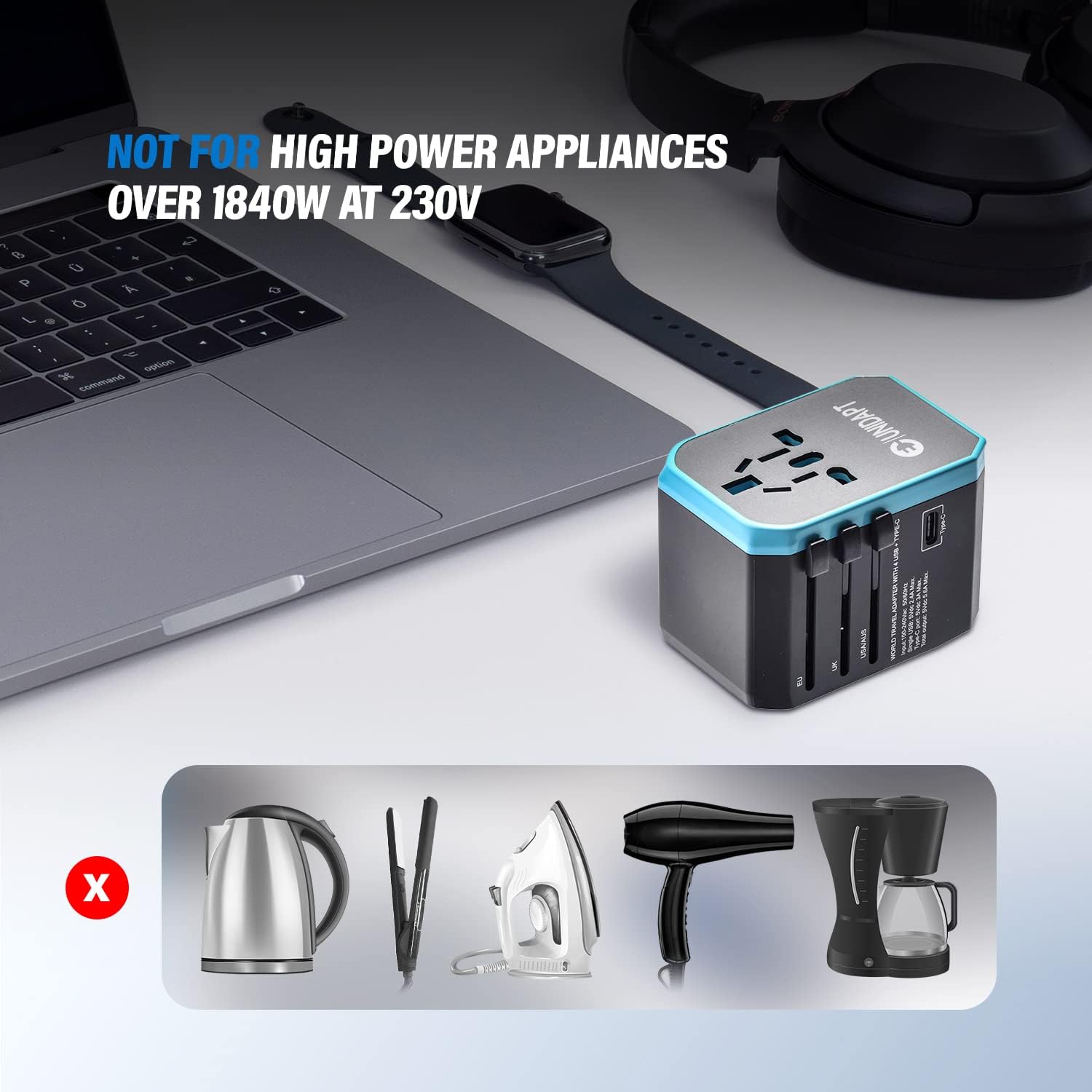 Unidapt Universal Travel Adapter, European Travel Plug Adapter - International Power Adapter Worldwide Charger with USB-C & 4 USB Ports, Travel Essentials for Italy, Japan, Europe, UK (UA-101, Blue) - Image 8