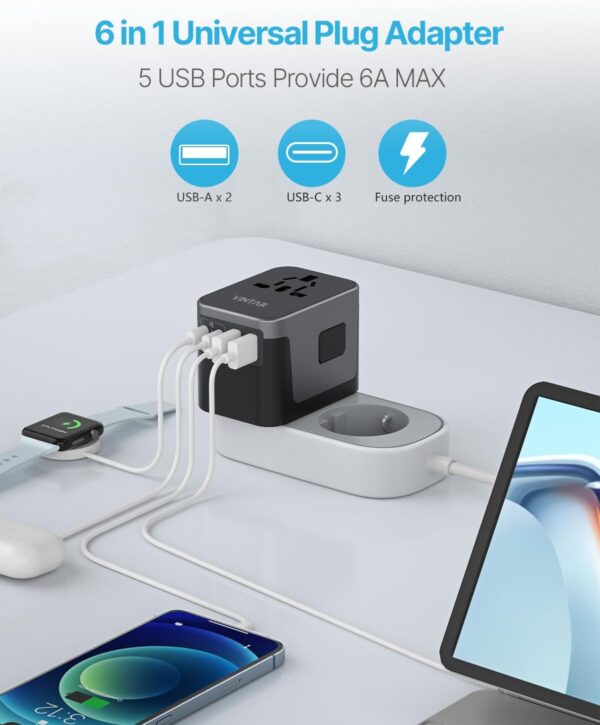 Universal Travel Adapter, VINTAR International Power Adapter with 6A 3 USB C and 2 USB Ports, All in One Travel Essentials Plug Adapter, Worldwide Outlet Converter for Europe UK USA AUS(Type C/G/A/I) - Image 5