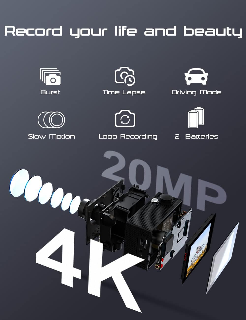 Apexcam Action Camera 4K Sports Cameras 20MP 40M 170°Wide-Angle WiFi Waterproof Underwater Camera with 2.4G Remote Control 2 Batteries 2.0'' LCD Ultra HD Cameras with Mounting Accessories Kit - Image 3