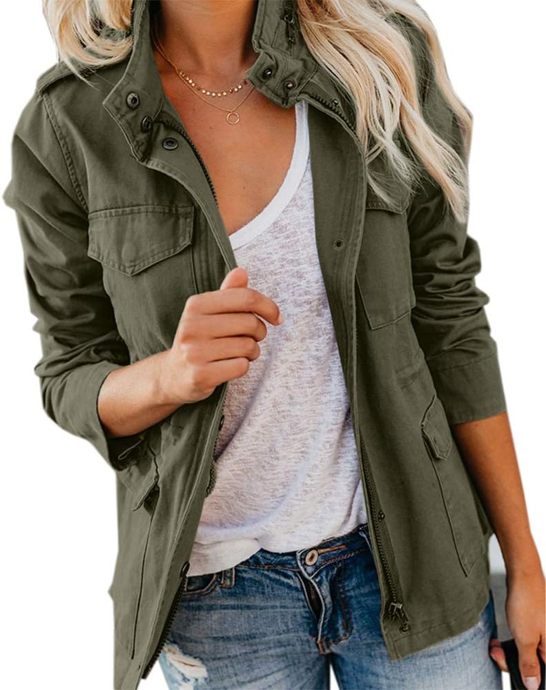 Soulomelody Women Military Anorak Jackets Zip Up Snap Buttons Parka Safari Utility Coats Outwear with Pocket - Image 2