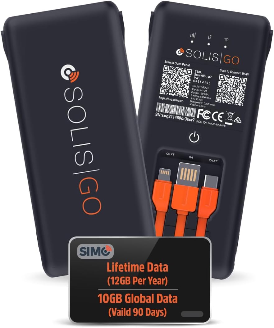 SIMO Solis Go 4G Mobile Hotspot WiFi Power Bank with Built-in Cables for Travel in 140+ Countries, No SIM Card or Contract, Multi-Carrier Network, 20 Devices, 1GB/Month Lifetime + 10GB Global Data - Image 2