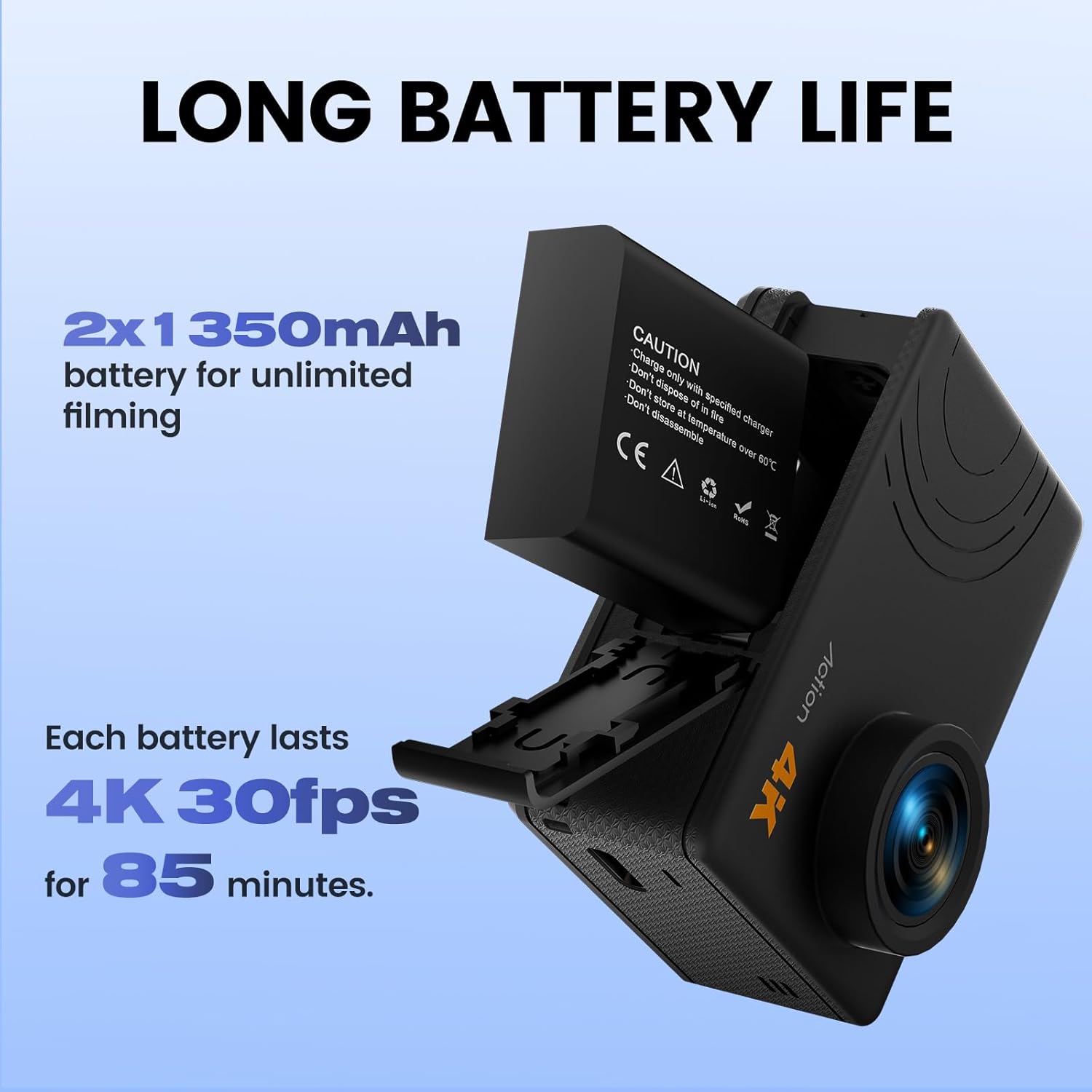 Action Camera 4K 60FPS 48MP, EIS Sports Camera with 128GB Card,131FT Underwater Waterproof Camera with Case, 2inch Touch Screen, 8X Zoom, Remote Control, Batteries & Mounting Kits - Image 8