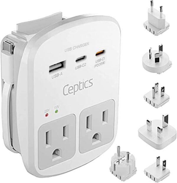 Ceptics Universal Travel Adapter Kit - 2 USB, USB-C Cord+2 US Outlets QC 3.0, Surge Protection, Plugs for Europe, UK, China, Australia, Japan - Perfect for Laptop, Cell Phones, Cameras,Safe ETL Tested - Image 2