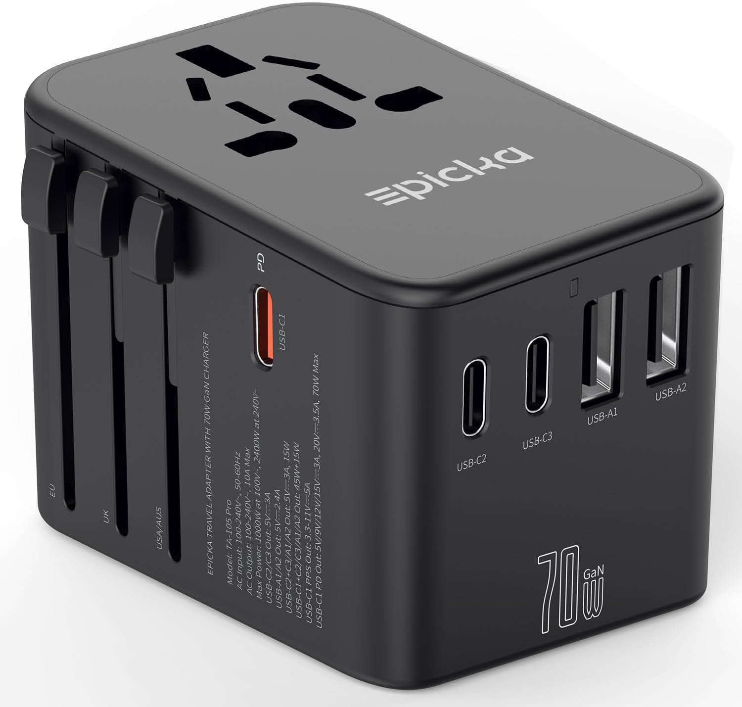 EPICKA Universal Travel Adapter, GaN International Plug Adapter with 3 USB-C 70W PD Fast Charging & 2 USB-A Adaptor All-in-one Wall Charger for USA EU UK AUS (TA-105 Pro, Black) - Image 2