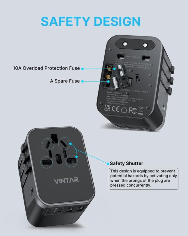 Universal Travel Adapter, VINTAR International Power Adapter with 6A 3 USB C and 2 USB Ports, All in One Travel Essentials Plug Adapter, Worldwide Outlet Converter for Europe UK USA AUS(Type C/G/A/I) - Image 6