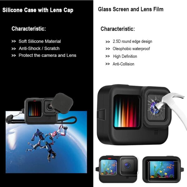 Accessories Kit for Gopro Hero 13 12 11 10 9 Black Waterproof Housing Silicone Case Glass Screen Protector Bundle for Go pro Gopro13 Gopro12 Gopro11 Gopro10 Hero13 Hero12 Hero11 Hero10 Camera 62E - Image 6