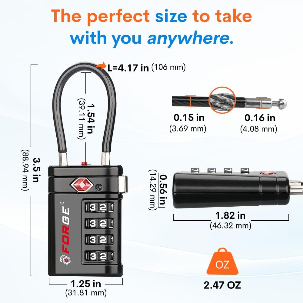Forge TSA Approved Luggage Locks 4 Digit Combination TSA Travel Locks with TSA008, Open Alert Indicator, Zinc Alloy Body for Luggage, Suitcase, Backpack, and More. Black 2 Locks. - Image 8