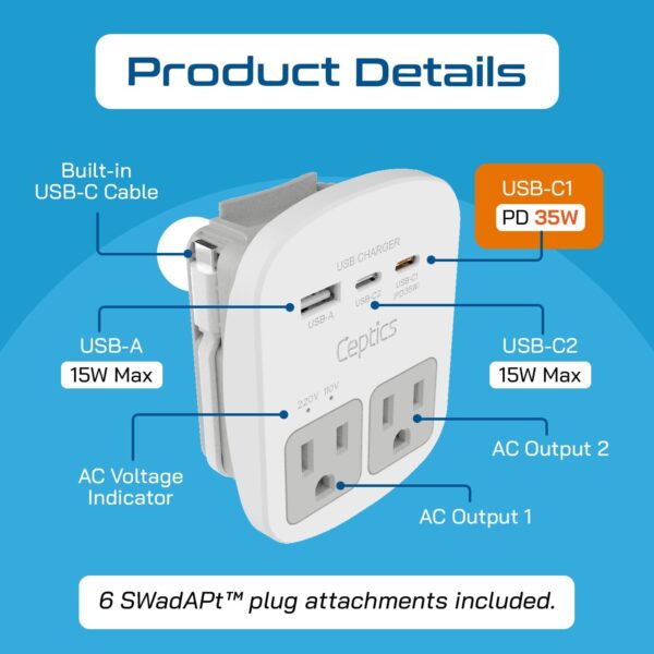 Ceptics Universal Travel Adapter Kit - 2 USB, USB-C Cord+2 US Outlets QC 3.0, Surge Protection, Plugs for Europe, UK, China, Australia, Japan - Perfect for Laptop, Cell Phones, Cameras,Safe ETL Tested - Image 4