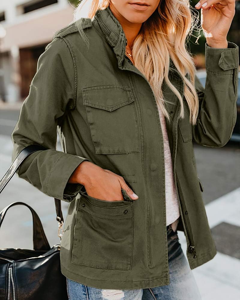 Soulomelody Women Military Anorak Jackets Zip Up Snap Buttons Parka Safari Utility Coats Outwear with Pocket - Image 3