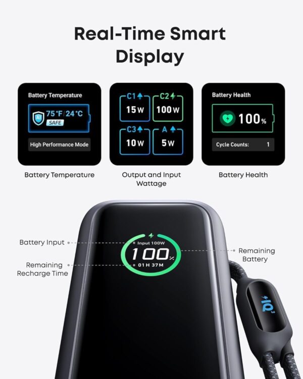 Anker Laptop Power Bank, 25,000mAh Portable Charger with Triple 100W USB-C Ports, Built-in and Retractable Cables, for iPhone 16/15 Series, MacBook, Samsung, and More (Flight-Approved) - Image 7