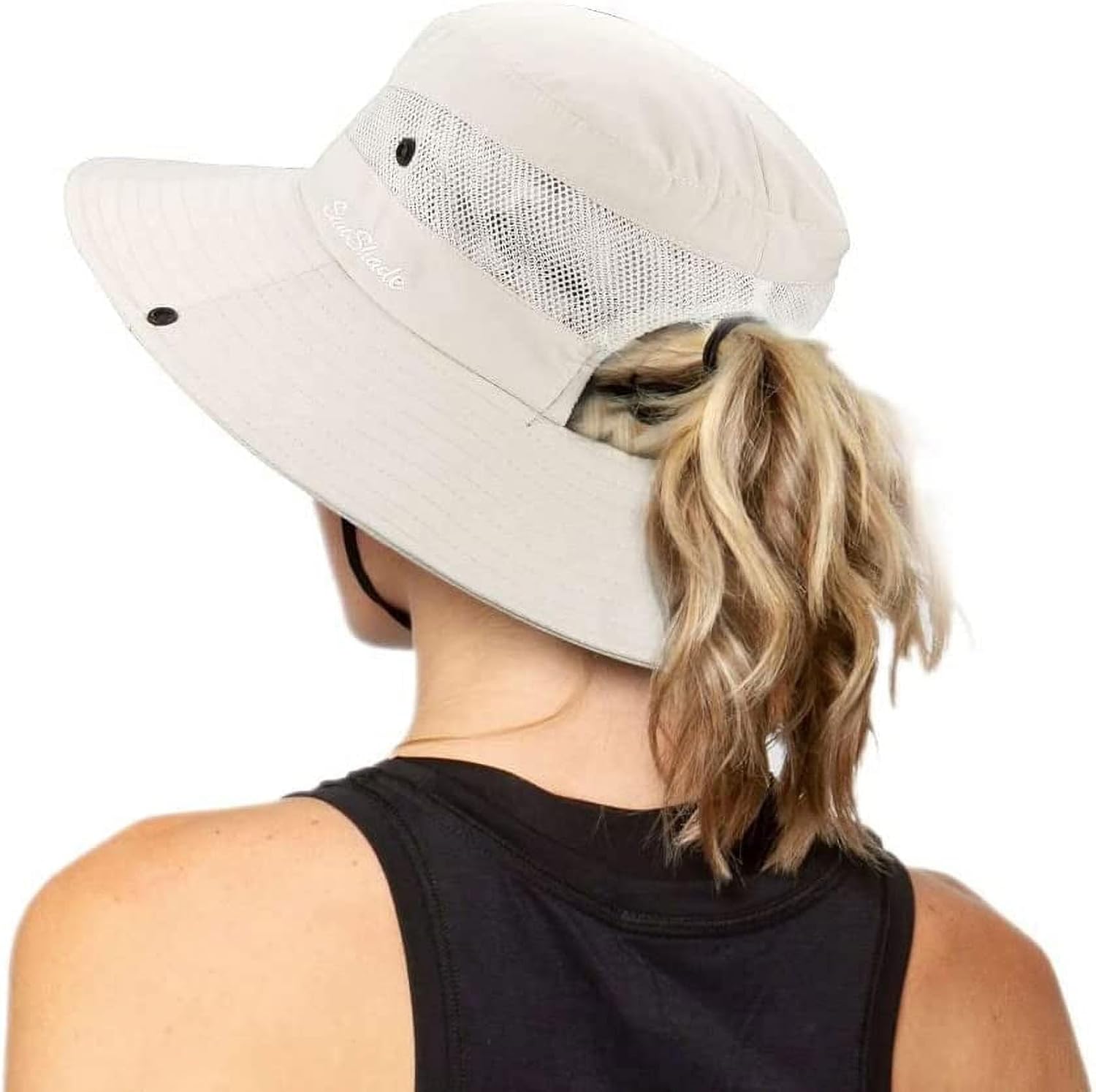 Women's Outdoor UV-Protection-Foldable Sun-Hats Mesh Wide-Brim Beach Fishing Hat with Ponytail-Hole - Image 2