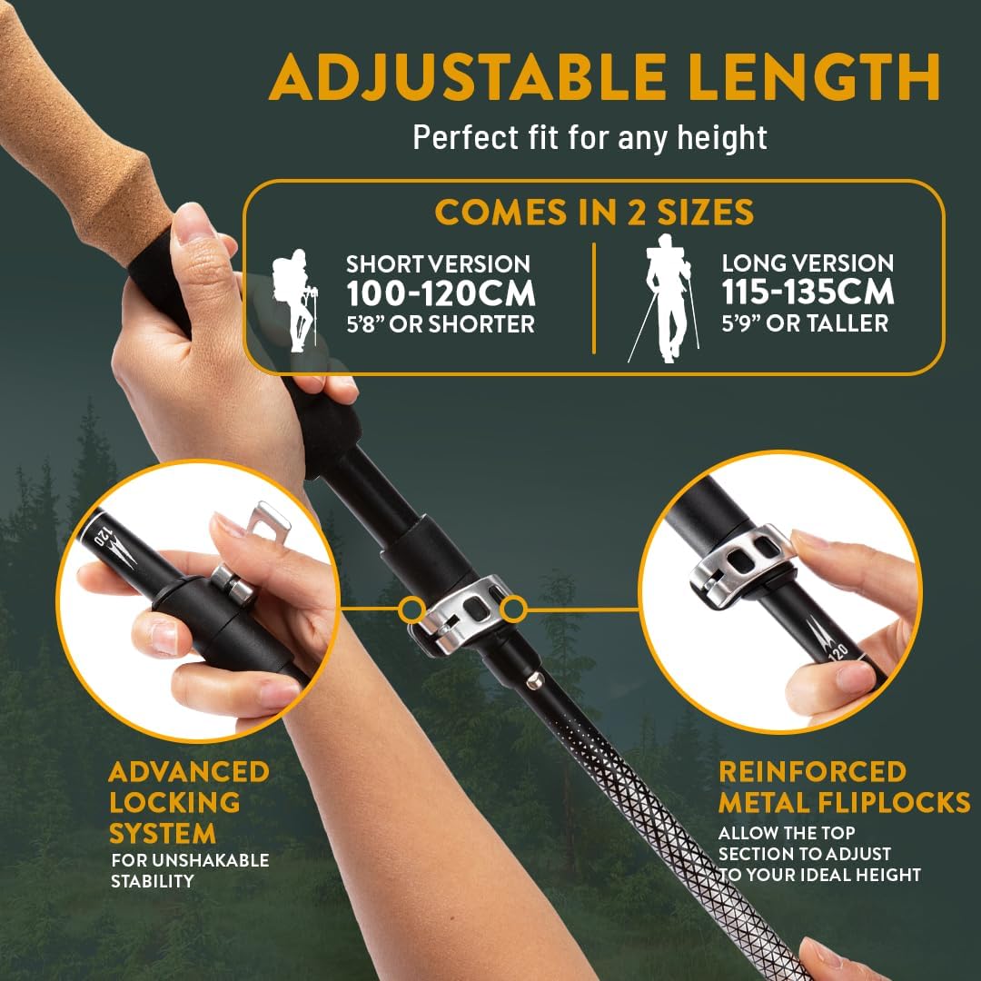Premium Foldable Hiking Poles by USA Brand - Adjustable, Lightweight Trekking Poles Made of Aircraft Aluminum, Metal Flip Locks & Comfortable Real Cork and EVA Foam Grips - Image 5