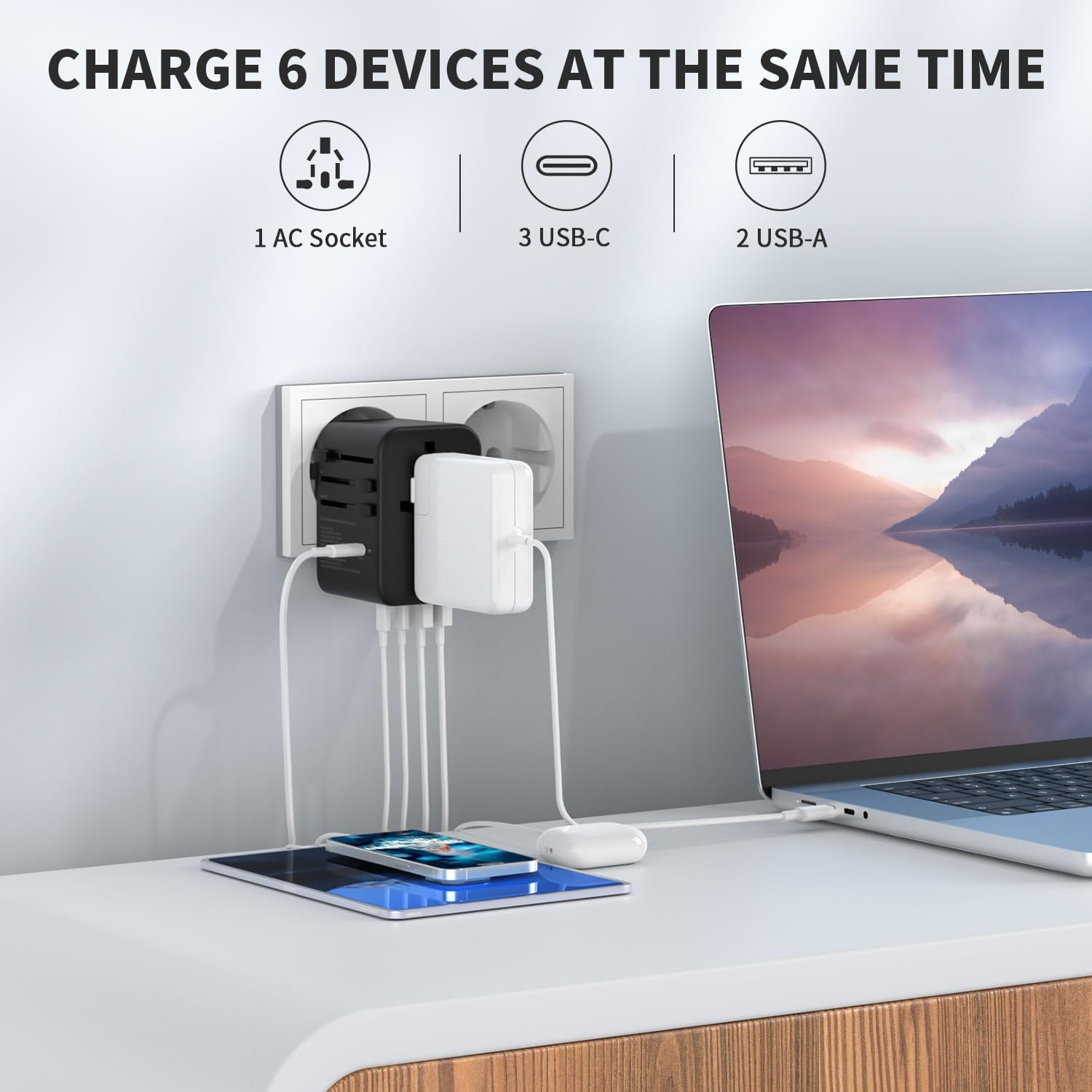 EPICKA Universal Travel Adapter, GaN International Plug Adapter with 3 USB-C 70W PD Fast Charging & 2 USB-A Adaptor All-in-one Wall Charger for USA EU UK AUS (TA-105 Pro, Black) - Image 5