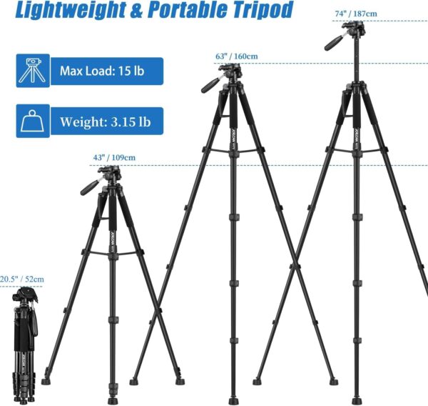 JOILCAN Tripod Camera Tripods, 74" Tripod for Camera Phone Video Recording, Heavy Duty Cameras Tripod Stand, Professional Travel DSLR Tripods Compatible with Canon iPhone, Max Load 15 LB - Image 3