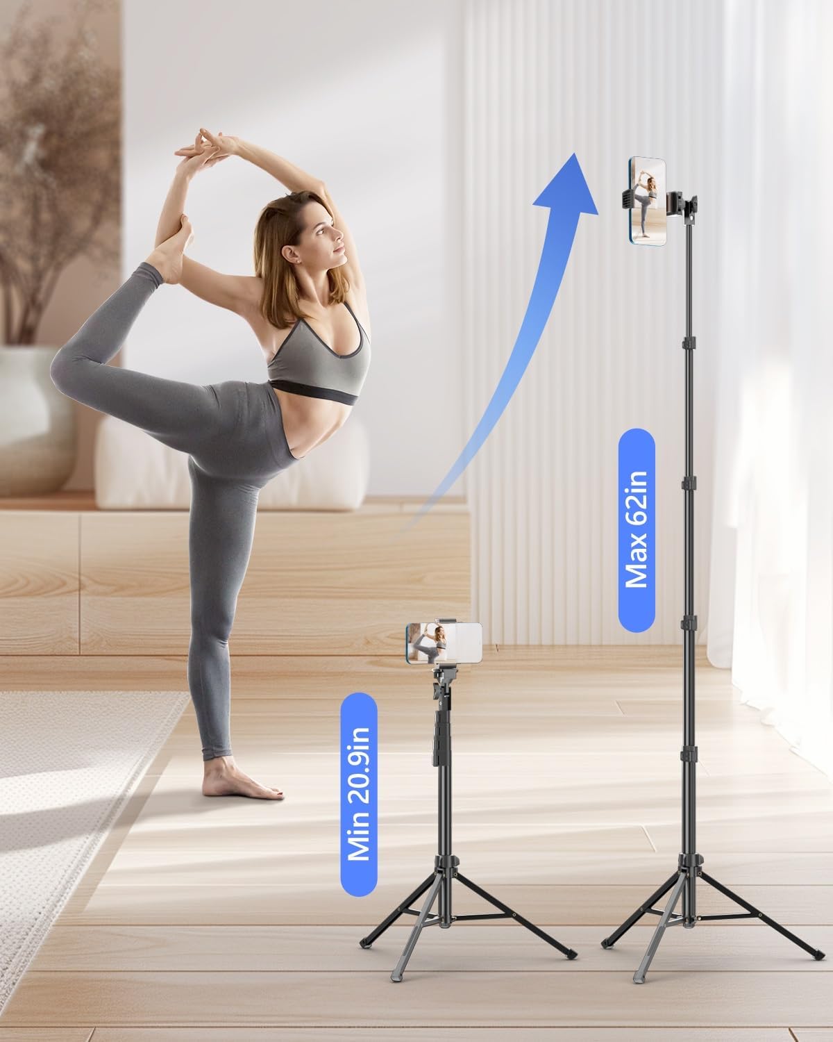 EMART 62’’ Cell Phone Tripod Stand, Adjustable Floor Cellphone Tri Pod Holder with Remote for iPhone and Android, Portable Compact Smartphone Selfie Stick for Video Recording Camera Ring Light Filming - Image 3