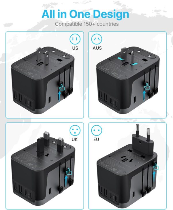 Universal Travel Adapter, VINTAR International Power Adapter with 6A 3 USB C and 2 USB Ports, All in One Travel Essentials Plug Adapter, Worldwide Outlet Converter for Europe UK USA AUS(Type C/G/A/I) - Image 3