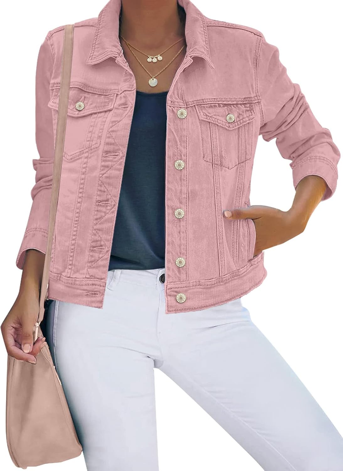 luvamia Women's Basic Button Down Stretch Fitted Long Sleeves Denim Jean Jacket - Image 2