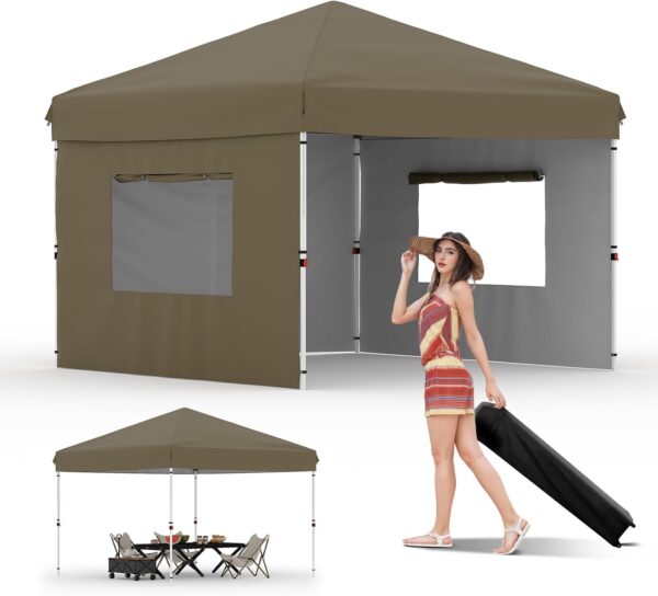 10'x10' Brown Pop Up Canopy Tent with 3 Sidewalls, Waterproof and UV Resistant Outdoor Gazebo, Easy Up Sun Shade Shelter for Parties, Events, Backyard, Camping - Image 2
