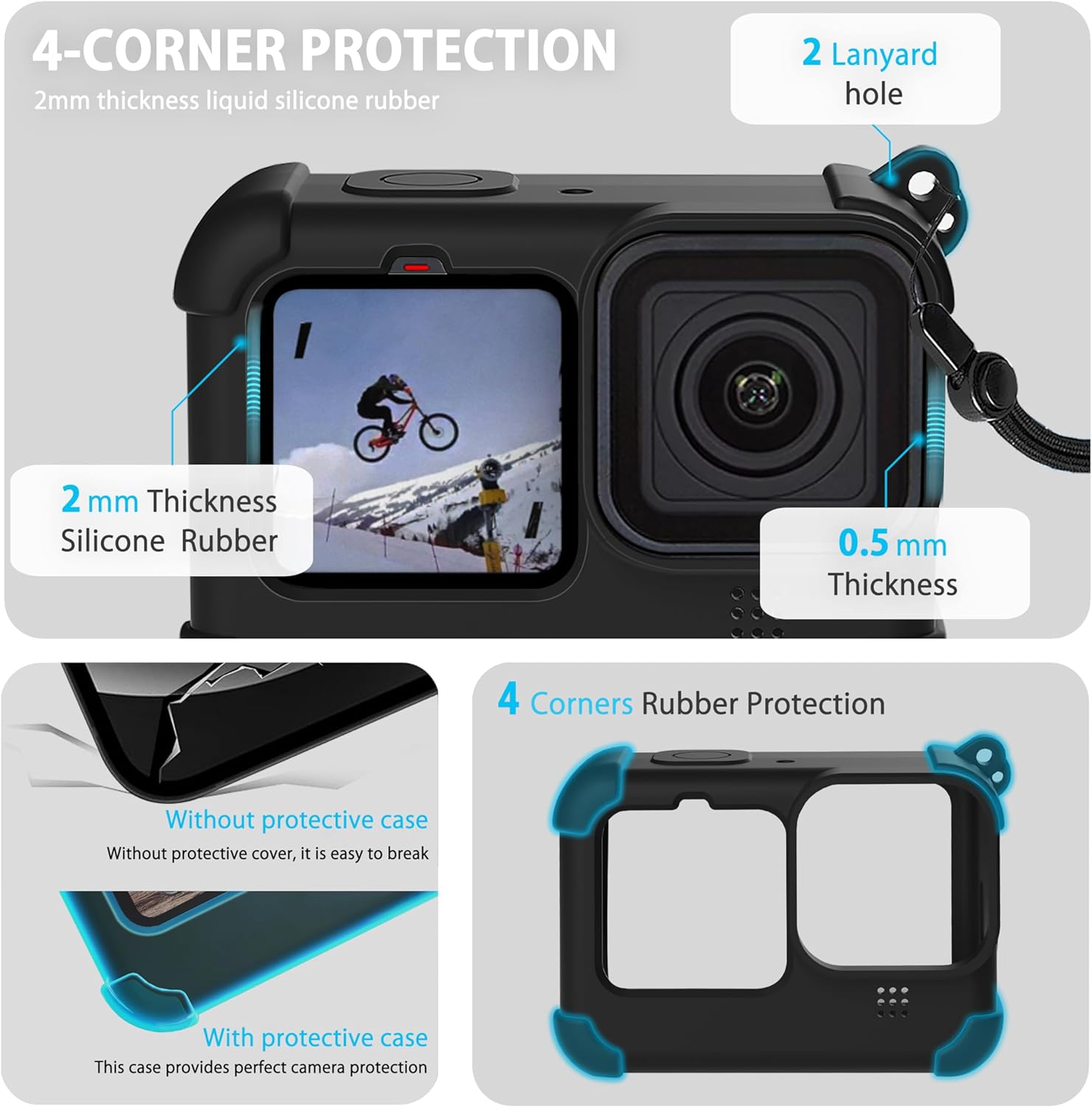 FitStill Black Silicone Sleeve Case for Go Pro Hero 12/Hero 11/Hero 10/Hero 9 Black,Battery Side Cover&Screen Protectors& Lens Caps&Lanyard for Go Pro Hero 12/11/10/9 Black Accessories Kit - Image 3