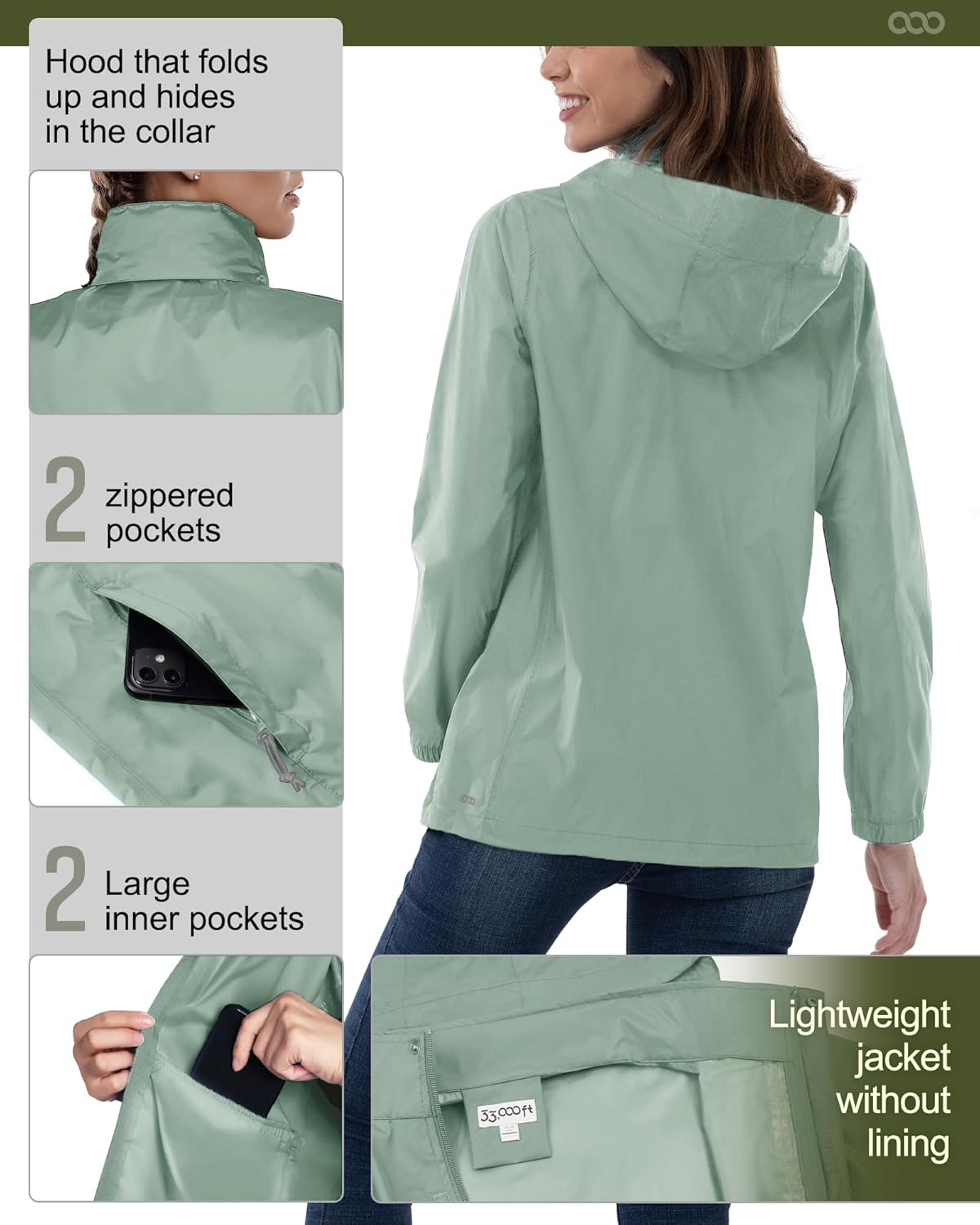 33,000ft Women's Rain Jacket Waterproof Lightweight Packable Raincoat with Hood for Golf Hiking Travel Windbreaker - Image 6
