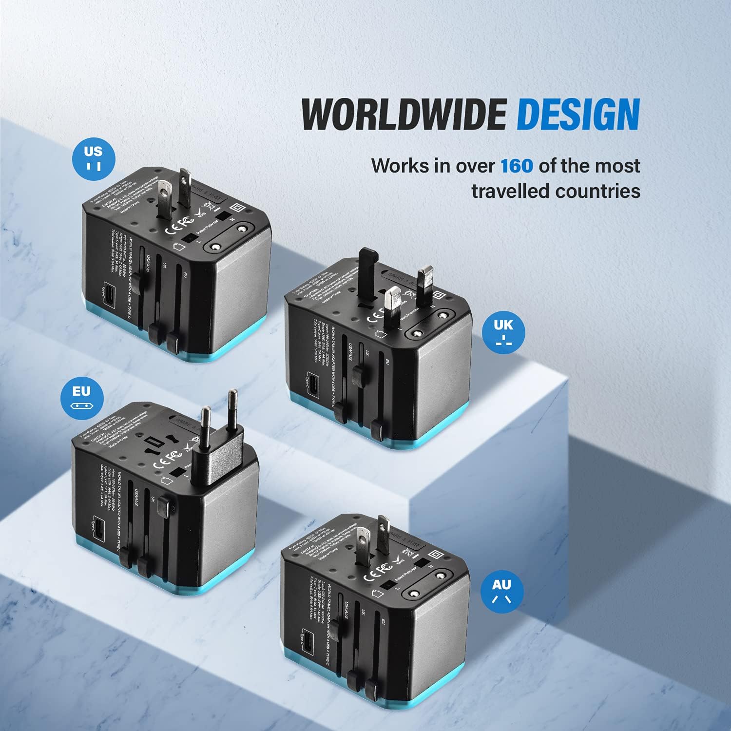 Unidapt Universal Travel Adapter, European Travel Plug Adapter - International Power Adapter Worldwide Charger with USB-C & 4 USB Ports, Travel Essentials for Italy, Japan, Europe, UK (UA-101, Blue) - Image 5