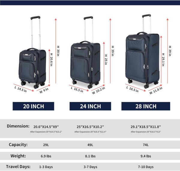 3-Piece Softside Expandable Luggage Set with Front Open Pocket, Lightweight and Durable Oxford Fabric Suitcase Set with TSA Lock (Blue, 20in/24in/28in) - Image 3