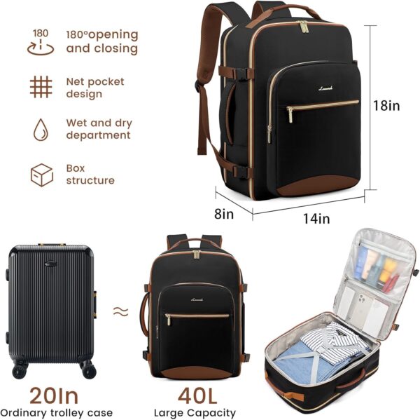 LOVEVOOK 40L Large Travel Backpack for Women Men, 17 Inch Carry on Backpack for Traveling on Airplane, Personal Item Bag Airline Approved, Business Causal Weekender Backpack, Black-Brown - Image 4