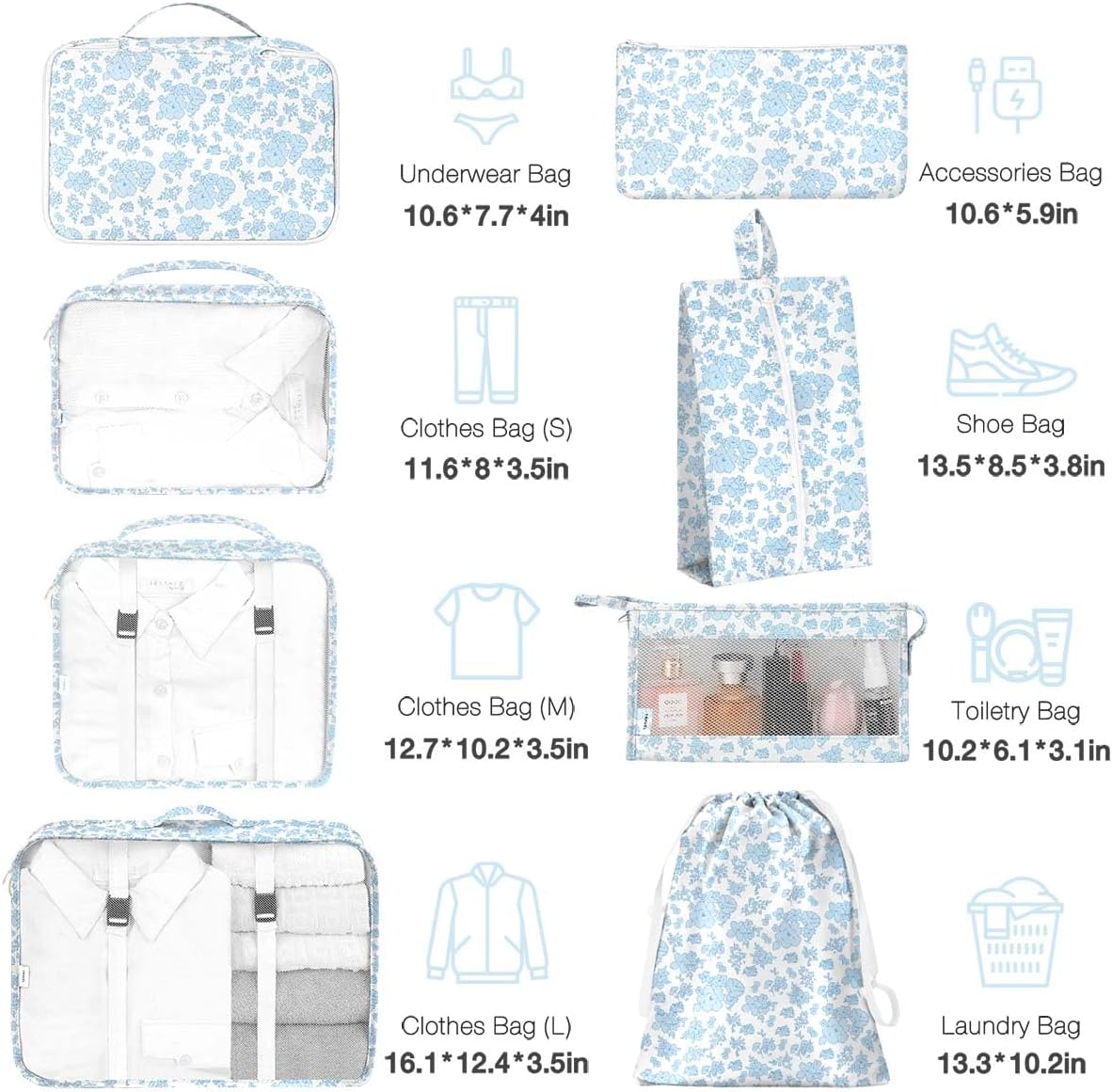 8 Set Packing Cubes for Suitcases,Packing Cube with Shoe, Cosmetics, Clothing, and Accessories Bags Packing Cubes for Travel Luggage Organizer Women Men(Blue Flowers) - Image 3