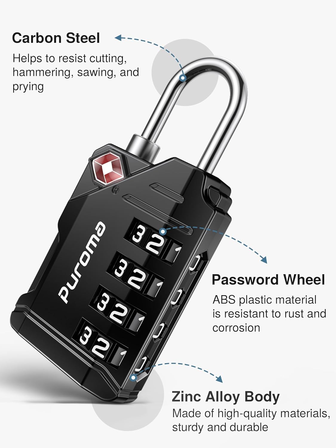 Puroma TSA Approved Travel Luggage Locks, 2 Pack Black 4 Digit Resettable Combination Code Lock with Zinc Alloy Body for Suitcase, Backpack, Laptop Bag, Gym Locker, Toolbox - Image 8
