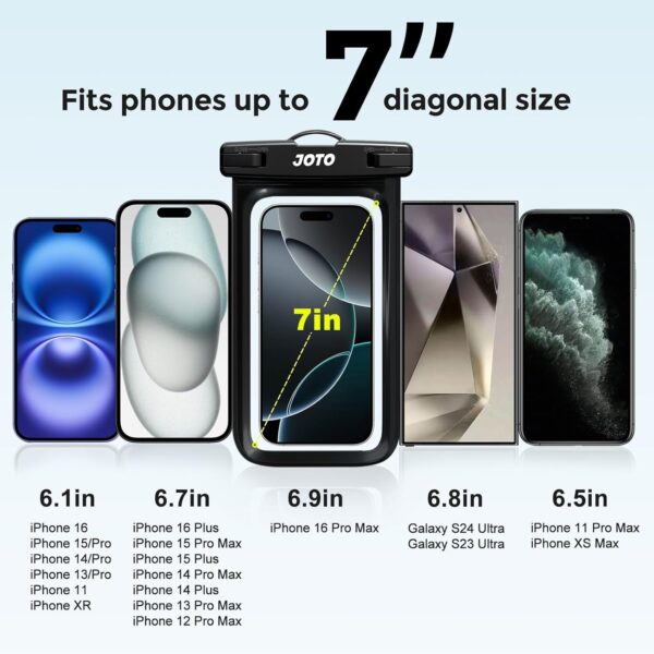JOTO Up to 7" Universal Waterproof Phone Case for iPhone 17 Air 16 15 14 13 12 11 Plus Pro Max, IPX8 Cellphone Dry Bag XR X SE, Galaxy S23 S22 S21 S20+ S20 S10 Plus Note, Pixel -Black - Image 5