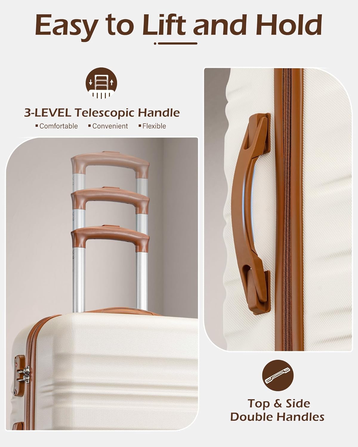 LONG VACATION 6 Piece Luggage Set Carry on Suitcase with ABS+PC hardshell, Spinner Wheels & YKK Zipper TSA Lock (WHITE-BROWN, 6 piece set) - Image 6