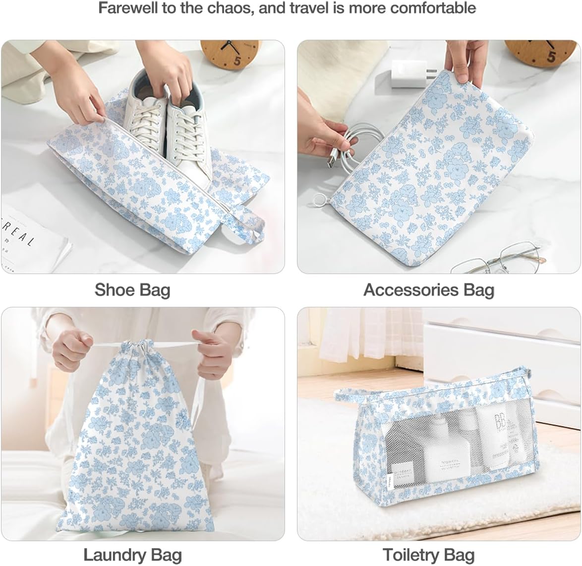 8 Set Packing Cubes for Suitcases,Packing Cube with Shoe, Cosmetics, Clothing, and Accessories Bags Packing Cubes for Travel Luggage Organizer Women Men(Blue Flowers) - Image 6