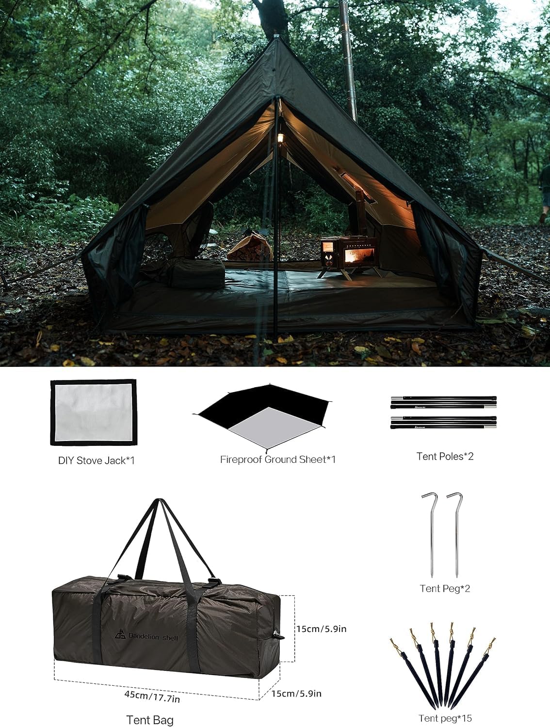 Hot Tent with Stove Jack – 4 Season Waterproof & Windproof Shelter for 1–4 People, Lightweight for Camping, Hiking, Hunting & Fishing - Image 3