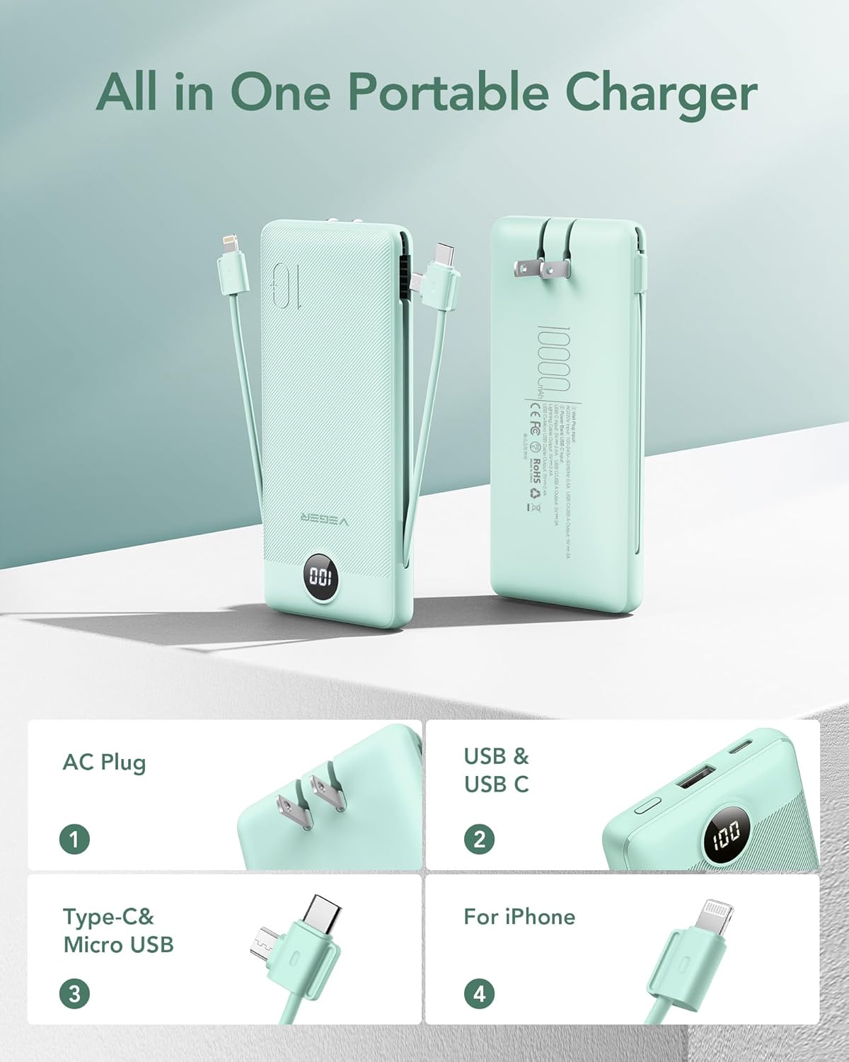 VEGER Portable Charger for iPhone with Built in Cables and Wall Plug, 10000mah Slim Fast Charging USB C Power Bank, Travel Essential Battery Pack Compatible with iPhone, iPad, Samsung etc(Green) - Image 3