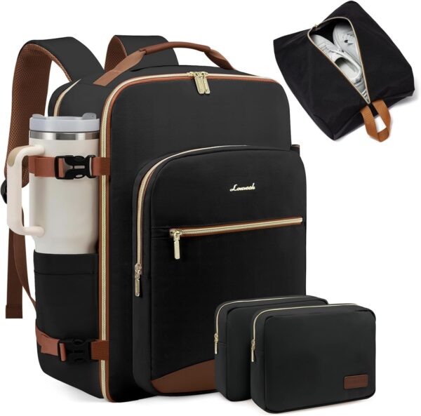 LOVEVOOK 40L Large Travel Backpack for Women Men, 17 Inch Carry on Backpack for Traveling on Airplane, Personal Item Bag Airline Approved, Business Causal Weekender Backpack, Black-Brown - Image 2