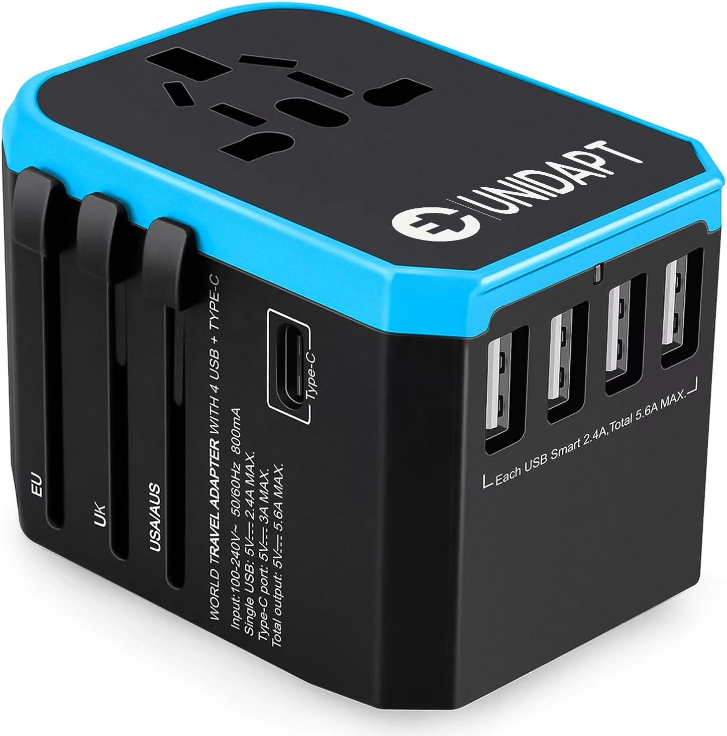 Unidapt Universal Travel Adapter, European Travel Plug Adapter - International Power Adapter Worldwide Charger with USB-C & 4 USB Ports, Travel Essentials for Italy, Japan, Europe, UK (UA-101, Blue) - Image 2