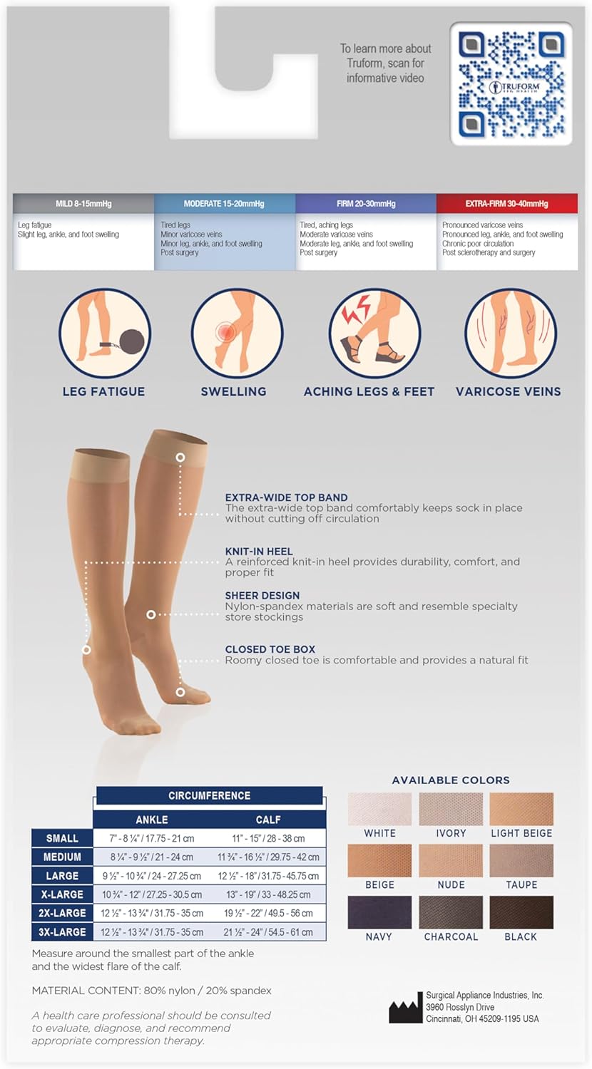 Truform Sheer Compression Stockings, 15-20 mmHg, Women's Knee High Length, 20 Denier, Nude, Medium - Image 6