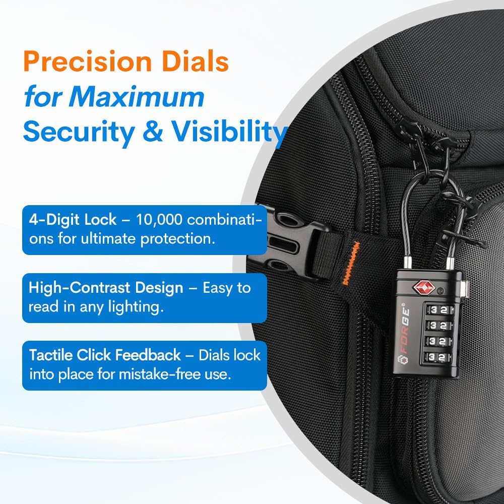 Forge TSA Approved Luggage Locks 4 Digit Combination TSA Travel Locks with TSA008, Open Alert Indicator, Zinc Alloy Body for Luggage, Suitcase, Backpack, and More. Black 2 Locks. - Image 7