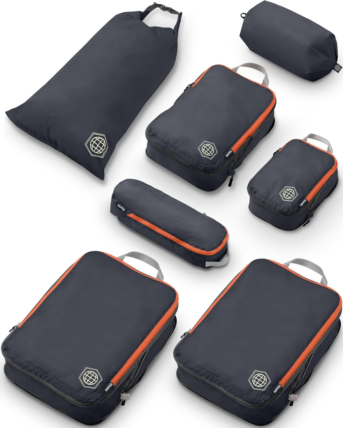 Large Compression Packing Cubes for Travel-Packing Cube Luggage Organizers 7 Piece Set for Checked Luggage-Ultralight, Expandable/Compression Bags by TRIPPED Travel Gear (Grey/Orange) - Image 2