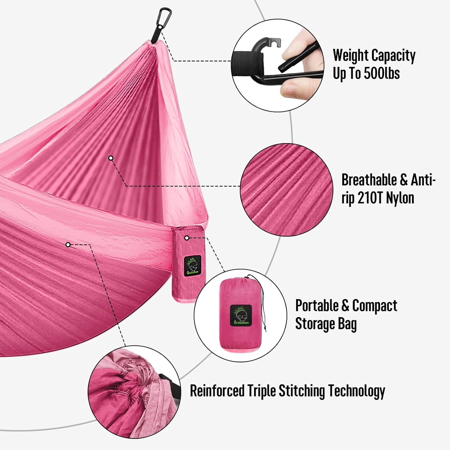 Grassman Camping Hammock Double & Single Portable Hammock with Tree Straps, Lightweight Nylon Parachute Hammocks Camping Accessories Gear for Indoor Outdoor Backpacking, Travel, Hiking, Beach - Image 5