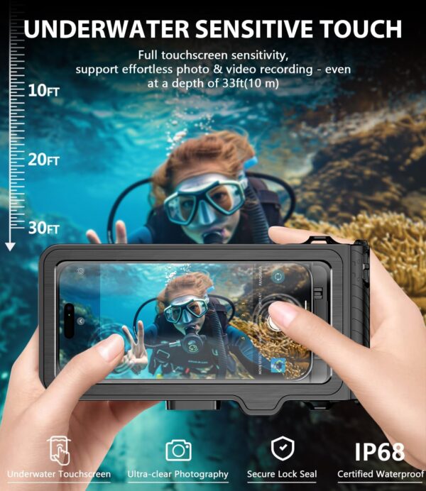 Waterproof Phone Case for Snorkeling - Underwater Touchscreen Housing, Universal Underwater Photo&Video Diving Case for iPhone 16/15/14 Pro Max Samsung Galaxy S25/S24 Ultra Up to 6.9'' Black - Image 3
